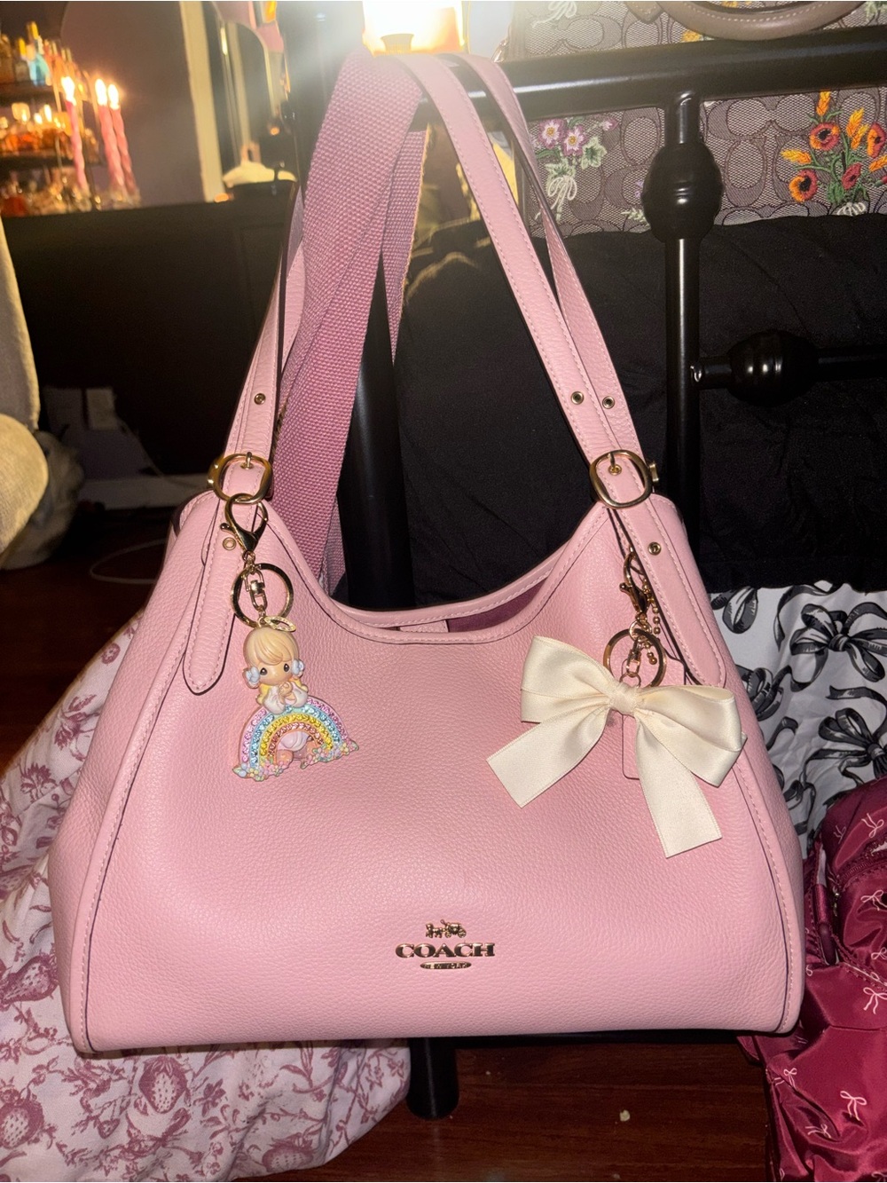 Coach Pink Pebbled Leather Shoulder Bag with Cream Bow Accent